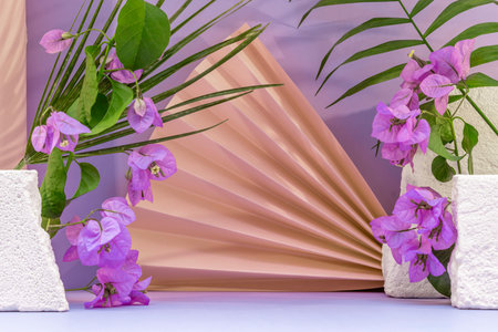 Bougainvillea flowers and geometrical shapes on purple backgroundの写真素材