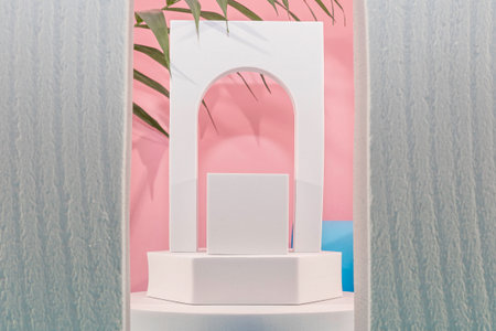 Minimalist abstract scene with white podium and green palm leaves. 3D renderの写真素材