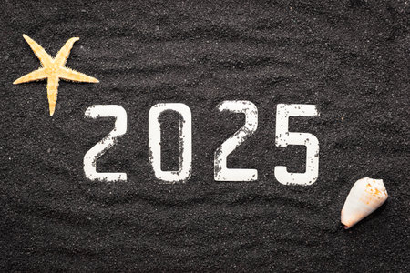 New year 2025 written on black sand with starfish and seashellsの写真素材
