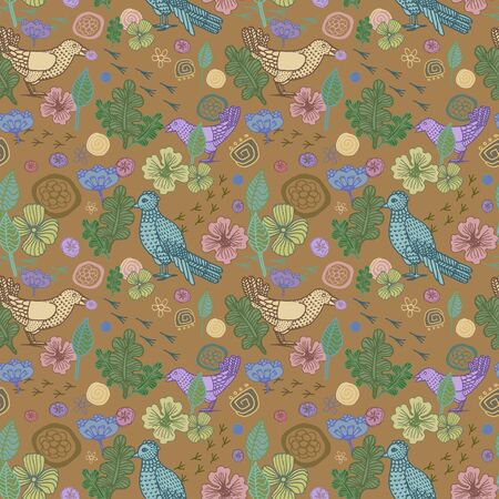 seamless native pattern with nature, forest with bird ornamentのイラスト素材