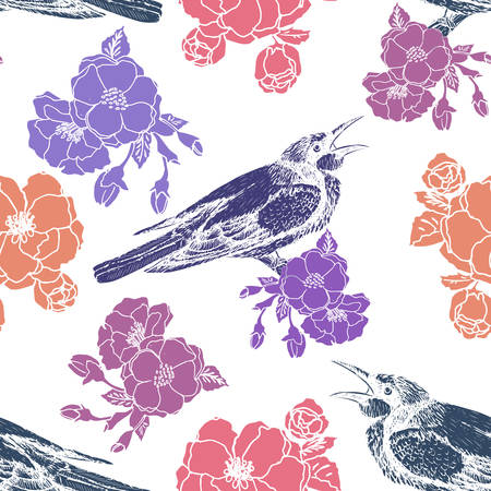 Spring floral pattern with birdsのイラスト素材