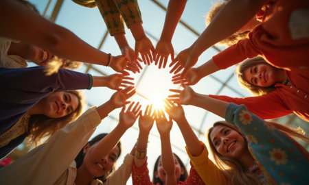 Diverse Group of Girls Unite Hands in Circle Symbolizing Teamwork, Friendship, and Unity Under Sunlightの写真素材