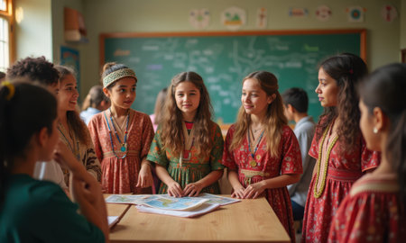 Elementary School Students Exploring World Map in Diverse Classroomの写真素材