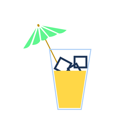 Glass cold drink alcohol & straw banner. Summer Bright soda cocktail & umbrella. Glass lemonade fruit juice umbrella summer banner. Cold iced tea Bar with glass cocktail fizzy water drink straw bannerのイラスト素材