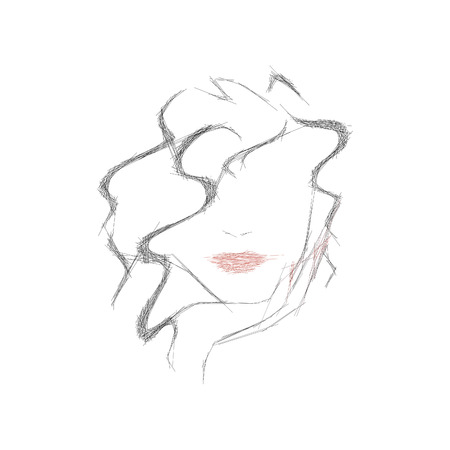 Beautiful fashion woman vector portrait. Hand drawn illustration of young girl face for sale banner print, greeting card design, invitation.のイラスト素材