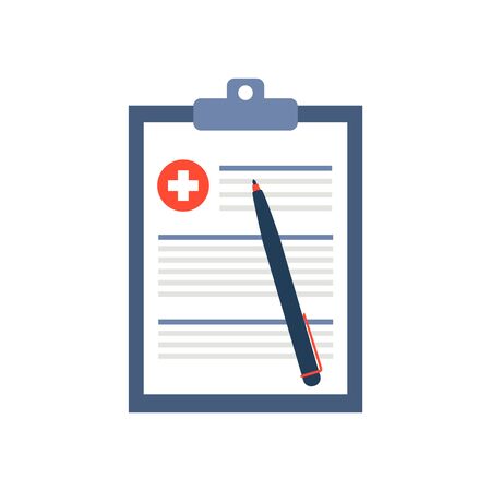 Medical form, medical report. Clipboard with cross, pen and checkmarks. Informed consent, prescription, claim form, health insurance, clinical record concepts.のイラスト素材