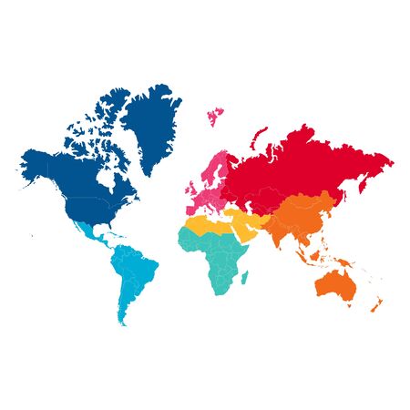 Political world map on white background, with every state labeled and selectable. Colored by continents. Versatile file, turn on an off visibility and color of each country in one click.のイラスト素材