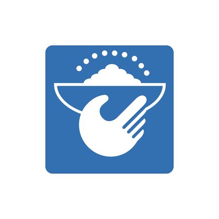 Food donation glyph icon. Silhouette symbol. Open hand with rice bowl. Chinese fried rice for free. Negative space. Vector isolated illustrationのイラスト素材