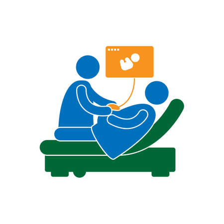 Male doctor doing ultrasound for pregnant woman on white background.のイラスト素材