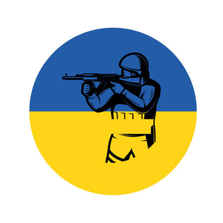 Round ukrainian flag  icon isolated on white background. The flag of Ukraine in a circle.soldier with a machine gun on the background of the flag of ukraineの写真素材