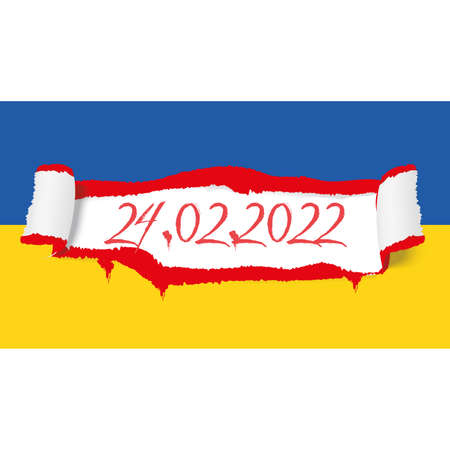 Support Ukraine concept. Hole in flag. Heart shape paper hole realistic vector illustrationのイラスト素材