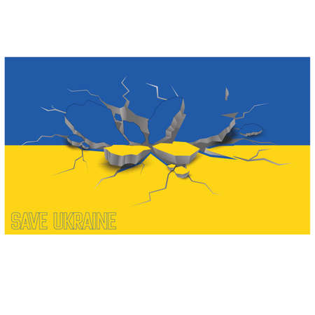 Crack on the background of the flag of Ukraine. Crisis, war and humanitarian catastrophe. Political and economic problems. The collapse of the state and the collapse of the country.のイラスト素材