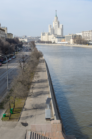 Embankment of the Moscow river overlooking the Stalin skyscraperの写真素材