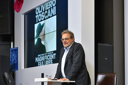 MOSCOW, RUSSIA - APRIL 24, 2018: Master class of Oliviero Toscani, an Italian photographer, best-known worldwide for designing controversial advertising campaigns for Italian brand Benetton.のeditorial素材