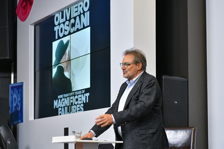MOSCOW, RUSSIA - APRIL 24, 2018: Master class of Oliviero Toscani, an Italian photographer, best-known worldwide for designing controversial advertising campaigns for Italian brand Benetton.のeditorial素材