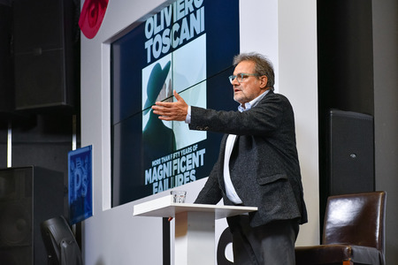 MOSCOW, RUSSIA - APRIL 24, 2018: Master class of Oliviero Toscani, an Italian photographer, best-known worldwide for designing controversial advertising campaigns for Italian brand Benetton.のeditorial素材
