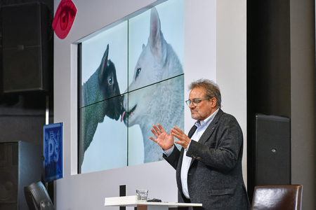 MOSCOW, RUSSIA - APRIL 24, 2018: Master class of Oliviero Toscani, an Italian photographer, best-known worldwide for designing controversial advertising campaigns for Italian brand Benetton.のeditorial素材