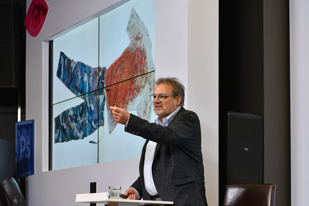 MOSCOW, RUSSIA - APRIL 24, 2018: Master class of Oliviero Toscani, an Italian photographer, best-known worldwide for designing controversial advertising campaigns for Italian brand Benetton.のeditorial素材