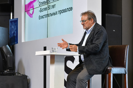 MOSCOW, RUSSIA - APRIL 24, 2018: Master class of Oliviero Toscani, an Italian photographer, best-known worldwide for designing controversial advertising campaigns for Italian brand Benetton.のeditorial素材