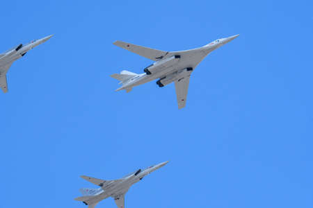 MOSCOW, RUSSIA - JUN 2020: Russian supersonic strategic bomber with a variable sweep wing Tu-160 (Blackjack) at the parade in honor of the 75th anniversary of the victory.のeditorial素材