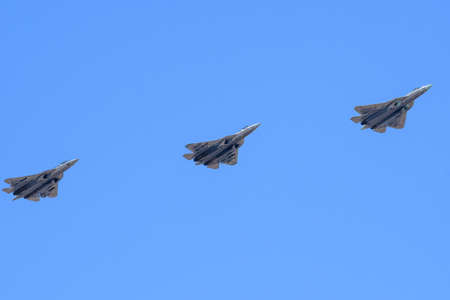 MOSCOW, RUSSIA - JUN 2020: Promising Russian multifunctional fifth-generation fighter Su-57 (Felon) at the parade in honor of the 75th anniversary of the victory.のeditorial素材