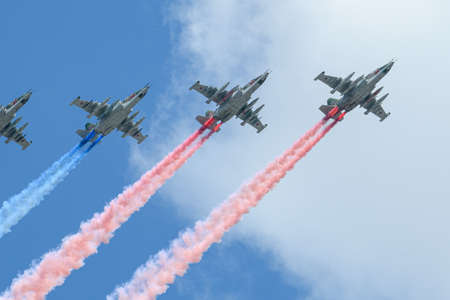 MOSCOW, RUSSIA - JUN 2020: Russian attack aircraft, Su-25 (Frogfoot) armored subsonic military aircraft at the parade in honor of the 75th anniversary of the victory. Designed for direct support of ground forces over the battlefield day and night with dirのeditorial素材