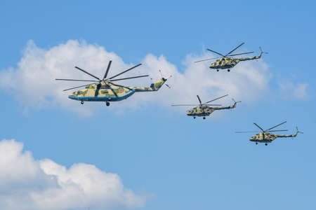 MOSCOW, RUSSIA - JUN 2020: Soviet and Russian heavy multi-purpose transport helicopter Mi-26 and multi-purpose helicopter Mi-8 at the parade in honor of the 75th anniversary of the victory.のeditorial素材