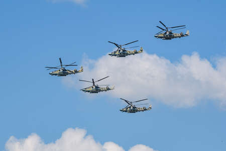 MOSCOW, RUSSIA - JUN 2020:  Russian all-new reconnaissance and attack helicopter Ka-52 Alligator at...