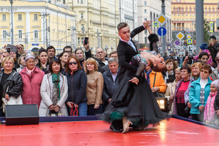 MOSCOW, RUSSIA - SEPTEMBER, 2017: Amateur dancers demonstrate their art of ballroom dancing on the...