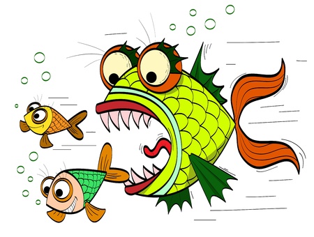 angry toothed fish chasing small fishのイラスト素材