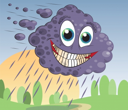 sarcastically smiling cloud flies over the landのイラスト素材