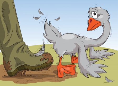 human foot in a muddy boot pushes the goose in the assのイラスト素材