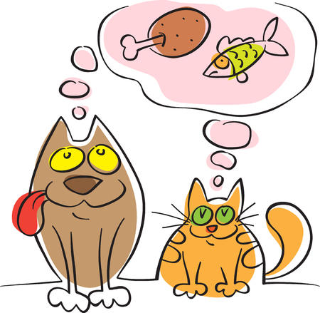 Dog and cat dreamed about eating, simple sketch, isolated on whiteのイラスト素材