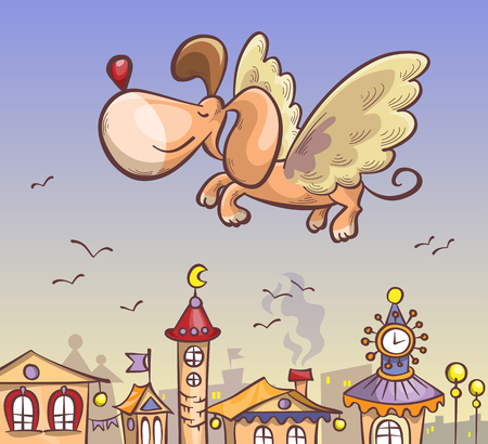 dog with wings flying over the city, cartoon illustrationのイラスト素材