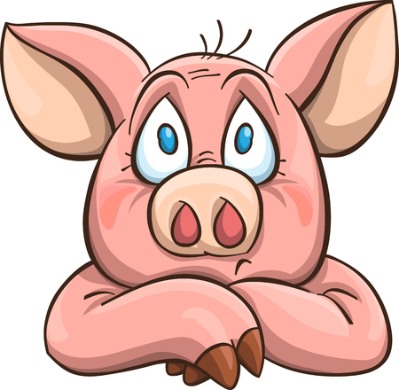 melancholy cartoon pig, portrait, isolated on whiteのイラスト素材