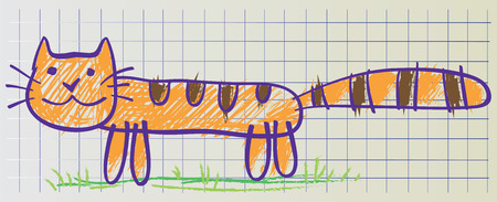 Cat drawn in childish manner on the copybook sheet of paperのイラスト素材