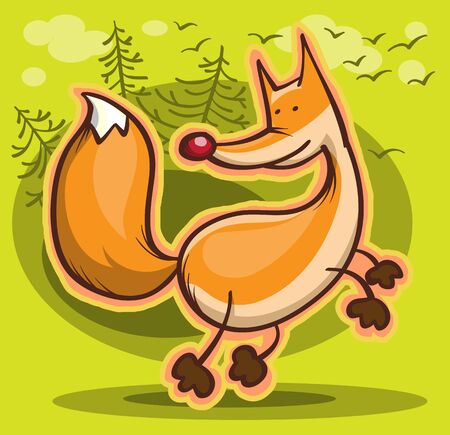 abstract cartoon fox on green forest background, illustrationのイラスト素材