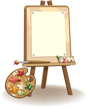 Easel with blank paper for painting, paints, brush and palette, vector illustration, isolated on whiteのイラスト素材