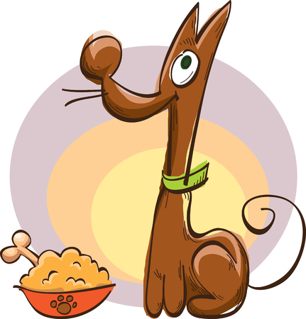 Comic brown dog with a bowl of food and bone, vector illustration, sketchのイラスト素材