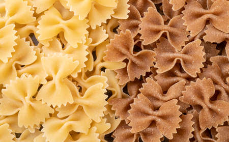 Top view of regular and wholewheat farfalle pasta.の写真素材