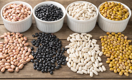 Closeup of assorted beans on white bowls over wooden table.