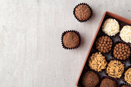 Typical brazilian brigadeiros, various flavors in a box with copy space.