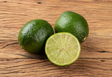 Green lemon and cut fruit over wooden table.