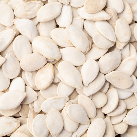 Closeup top view of pumpkin seeds. Food backdrop.
