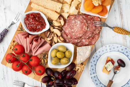 Appetizer board with cheese, nuts, fruits, toasts and charcuterie over wooden table.の写真素材