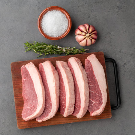 Sliced raw picanha or rump meat over wooden board with seasonings.の写真素材