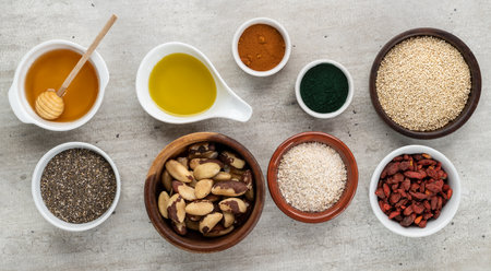 Assorted superfoods in over stone background. Chia, quinoa, oat, linseed, honey, spirulina and...