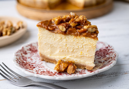 Almond and walnut praline cheesecake slice on a plate.の写真素材