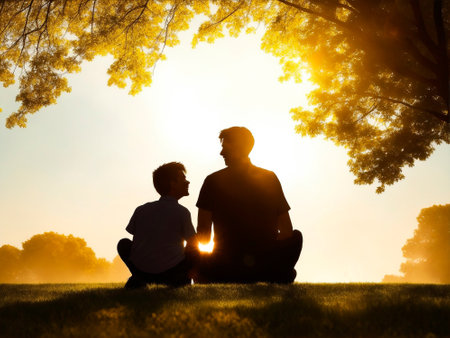 Father and son in a park at sunset.の素材