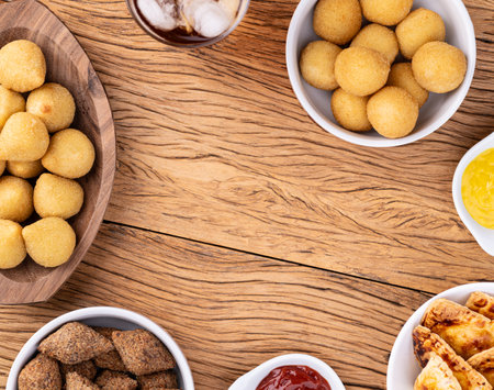 Coxinha, kibbeh, baked pastel and cheese balls, typical brazilian snacks with copy space.の写真素材